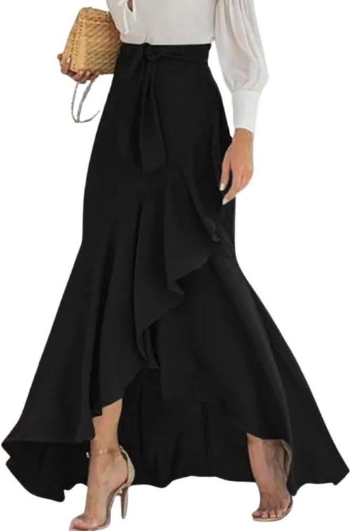 Women's Casual Plaid Mermaid Maxi Skirt A Line Irregular Ruffle Hem Fishtail Long Skirt