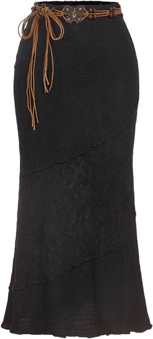 Women's Y2K Summer Boho Bodycon Long Skirts Crochet Knitted Lettuce Trim Midi Skirt with Belt