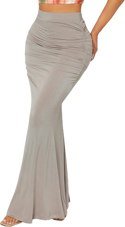 Women's Casual Ruched High Waisted Fishtail Bodycon Long Maxi Skirt
