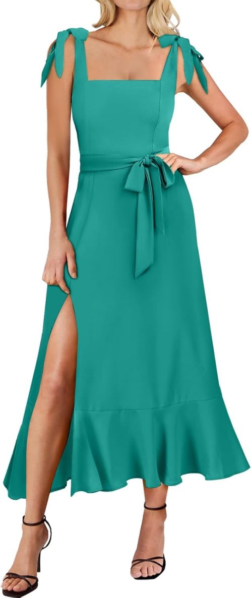 Women's Square Neck Ruffle Split Midi Elegant Formal Wedding Guest Cocktail Bridesmaid Graduation Party Dresses 2025
