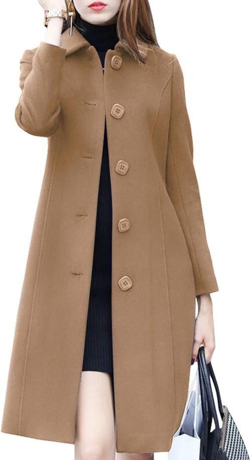 Women's Fall Winter Elegant Single Breasted Long Wool Coat Overcoat