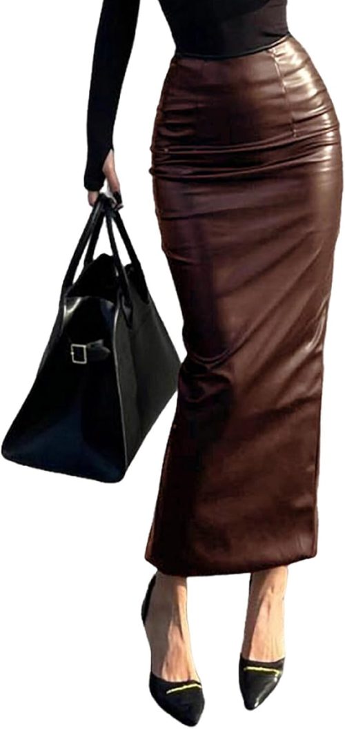 Womens Sexy Back Slit Long Leather Skirt Stretch High Waist Bodycon Pencil Leather Skirts