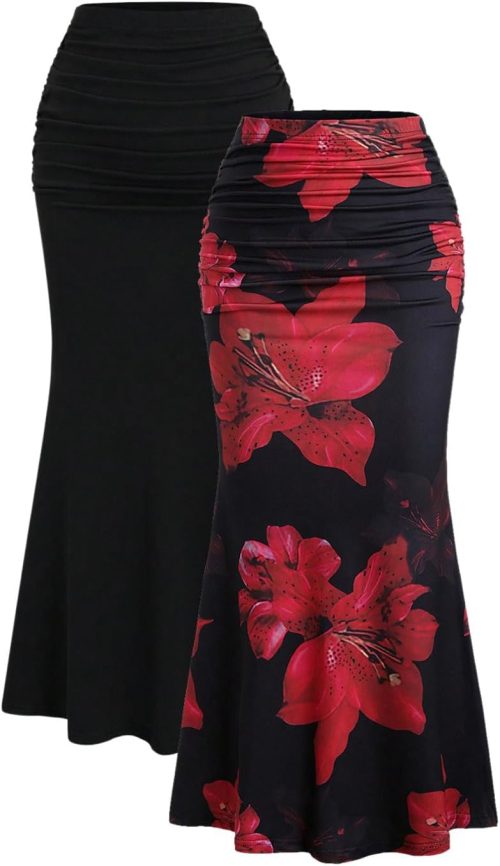 Women's 2 Pack Fishtail Skirt Elegant Floral Ruched Skinny Bodycon Ruffle Long Skirts