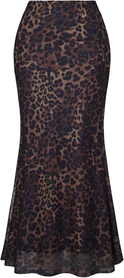 Women's Gothic Mesh Maxi Skirt Elastic High Waisted Flowy Bodycon Y2k Leopard Print Long Skirts for Women