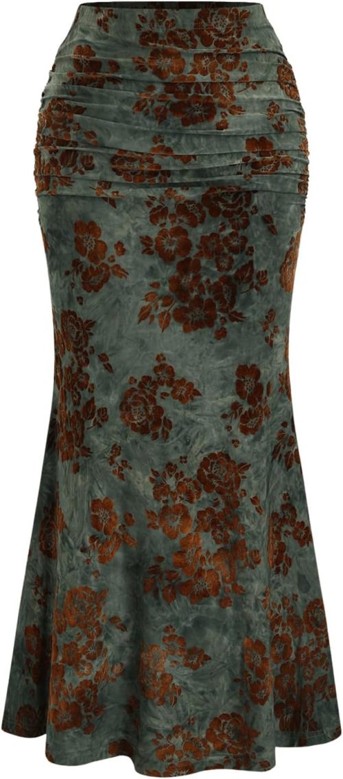 Women's Vintage Floral Ruched Fishtail Long Skirt High Waisted Bodycon Maxi Skirts