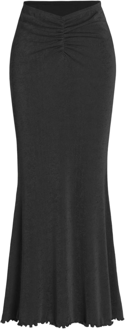 High Waist Skirts for Women Mermaid Skirt Fishtail Ruched Bodycon Long Maxi Skirt Lettuce Trim Stretchy