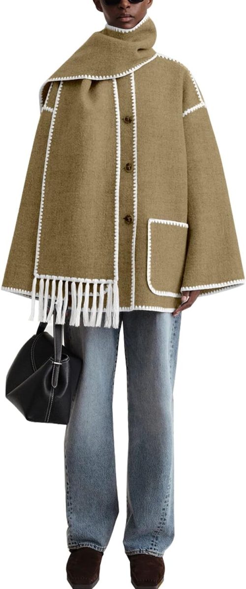 women's Winter Wool Coats Embroidered Button Down Woolen Blend Trench Coat with Tassel Scarf