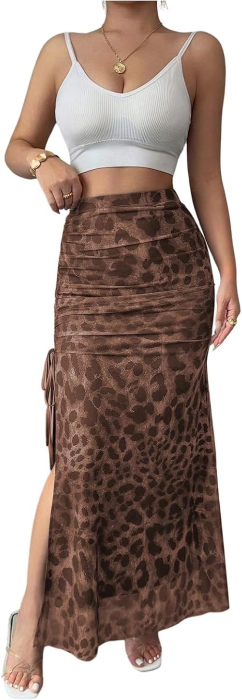 Women's Chiffon Leopard Print Ruched Drawstring Split Thigh Bodycon Maxi Skirt