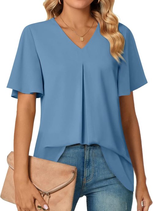 Womens Summer Dressy Chiffon Blouses V Neck Short Sleeve Tunic Tops for Leggings Casual T-Shirts