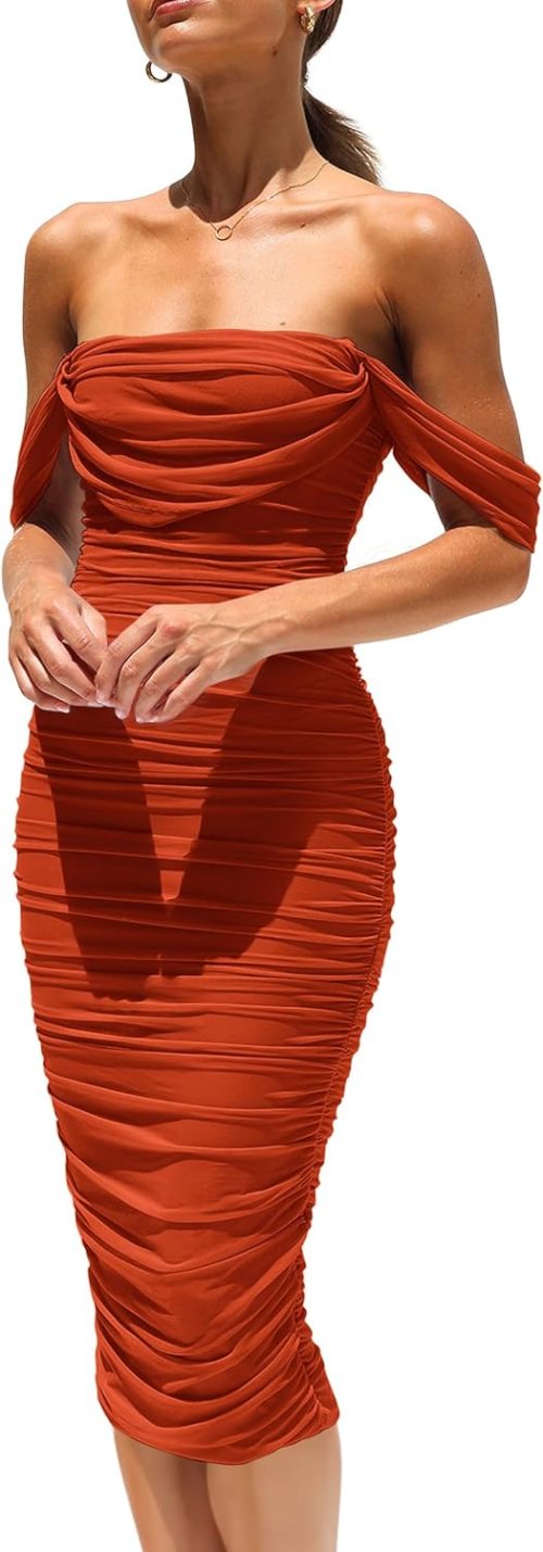 Women's Summer Off The Shoulder Ruched Bodycon Dresses Sleeveless Fitted Party Club Midi
