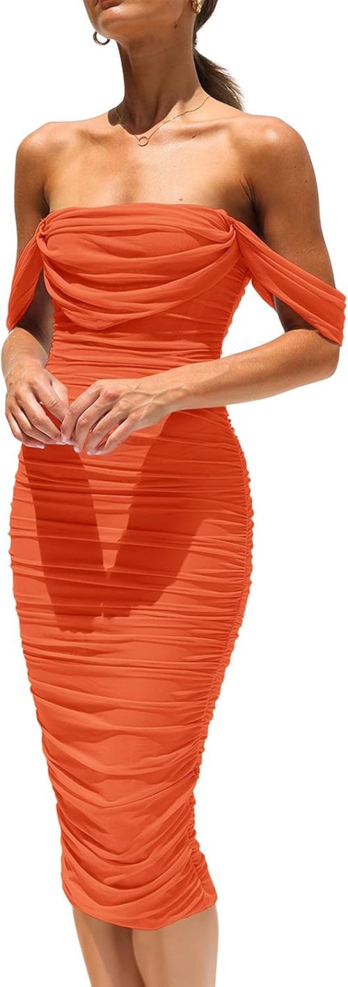 Women's Summer Off The Shoulder Ruched Bodycon Dresses Sleeveless Fitted Party Club Midi