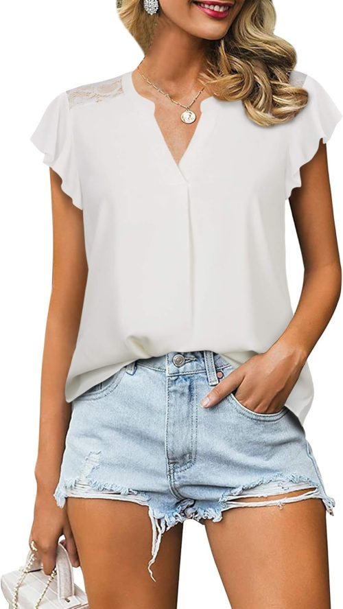 Women's Notch V Neck Short Sleeve Chiffon Shirts Casual Lace Blouse Top