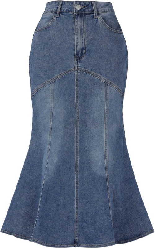 Fishtail Denim Skirt for Women Casual Washed High Waisted Midi Jean Skirts
