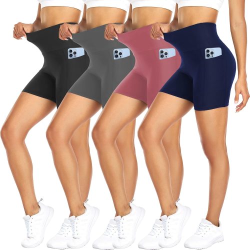 4 Pack Biker Shorts for Women with Pockets – 5" High Waisted Tummy Control Workout Yoga Running Gym Tennis Shorts