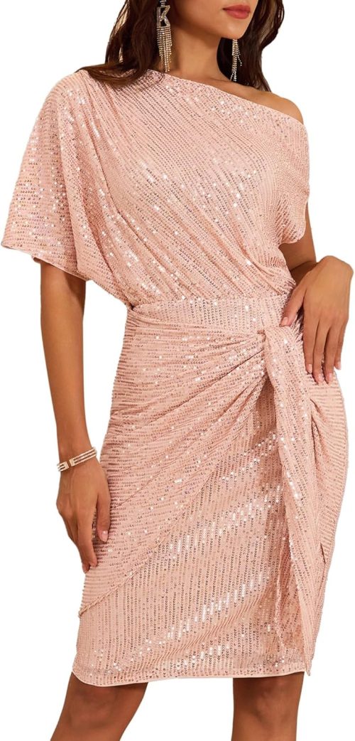 Women's Sequin Sparkly Glitter Party Club Dress One Shoulder Ruched Cocktail Bodycon Dress