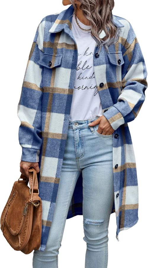 Women's Plaid  2025 Long Sleeve Button Up Flannel Shirt Winter Tartan Jacket Woolen Coats